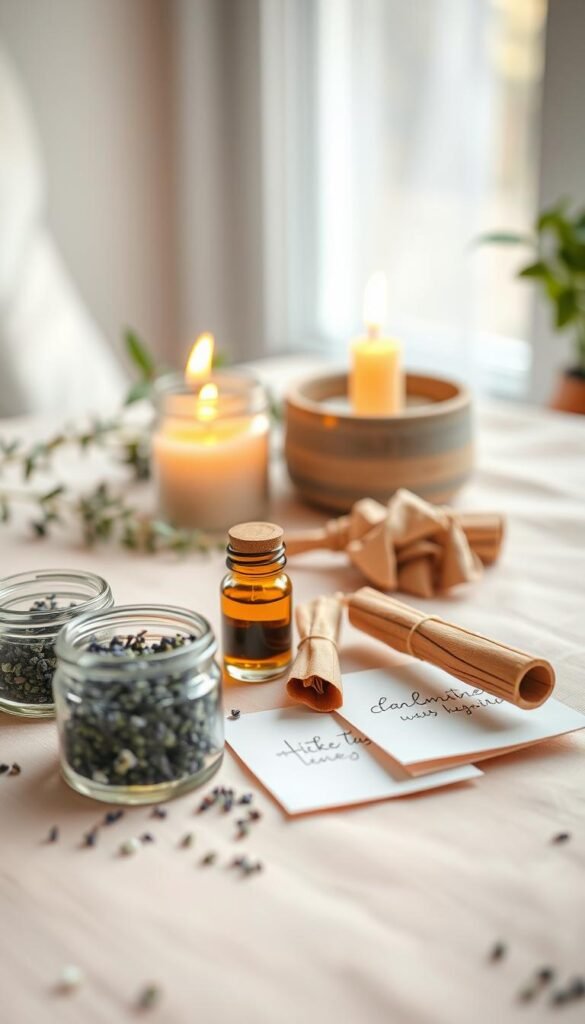 A beautifully arranged mini-rituals toolkit spread out on a soft, pastel-colored surface. In the foreground, there are small glass jars filled with dried lavender and chamomile, a delicate essential oil bottle, and a tiny wooden smudge stick. Nestled next to them are intricately folded pieces of handmade paper, suggesting notes for self-care intentions. In the middle ground, a warm candle flickers gently, casting soft, golden light and creating a cozy atmosphere. The background features a hint of soft-focus greenery, perhaps a small potted plant, evoking a sense of tranquility and connection with nature. The scene is bathed in natural light from a nearby window, enhancing the serene mood of tender self-care. The overall composition should feel heartwarming and inviting, ideal for a calming ritual.