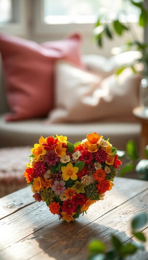 A beautifully crafted heart made of vibrant, natural materials such as flowers, leaves, and warm earth tones, placed in the foreground on a rustic wooden table. Soft, diffused natural lighting creates a gentle glow, highlighting the textures of the materials. In the middle ground, blurred elements of a serene indoor environment suggest comfort, like cozy cushions and calming colors, evoking a sense of emotional warmth. The background features soft, out-of-focus greenery, enhancing the tranquil atmosphere. The composition is intimate and inviting, with a slight overhead angle to capture the heart’s intricate details. The overall mood is warm and nurturing, symbolizing the importance of tending to our feelings with care.