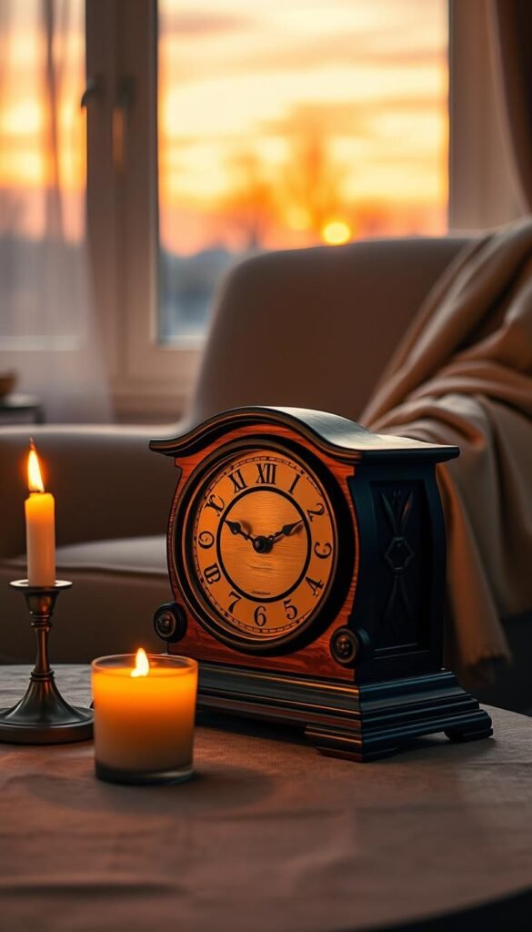 A beautifully crafted vintage clock with intricate wooden details is the central focus, set on a cozy table beside a softly lit candle, creating a warm and inviting atmosphere. In the foreground, the clock's delicate hands gracefully point to an evening hour, while the warm glow from the candle casts gentle shadows. The middle ground features a plush armchair draped with a light blanket, inviting relaxation. In the background, a softly blurred window reveals the last light of sunset, painting the sky in soft oranges and purples. The overall lighting is golden and ambient, evoking a sense of calm and tranquility as the day transitions to night, embodying the essence of a warm evening wind-down. A beautifully crafted vintage clock with intricate wooden details is the central focus, set on a cozy table beside a softly lit candle, creating a warm and inviting atmosphere. In the foreground, the clock's delicate hands gracefully point to an evening hour, while the warm glow from the candle casts gentle shadows. The middle ground features a plush armchair draped with a light blanket, inviting relaxation. In the background, a softly blurred window reveals the last light of sunset, painting the sky in soft oranges and purples. The overall lighting is golden and ambient, evoking a sense of calm and tranquility as the day transitions to night, embodying the essence of a warm evening wind-down.