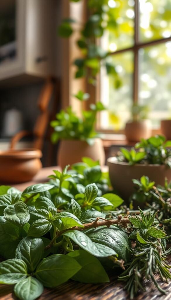 A close-up view of a beautiful assortment of fresh herbs, such as basil, mint, rosemary, and thyme, artfully arranged on a rustic wooden table. In the foreground, delicate droplets of water glisten on the leaves, highlighting their freshness. The middle ground features a soft-focus ceramic bowl containing a fragrant herbal blend, inviting a sense of warmth and coziness. In the background, a sunlit kitchen window reveals soft, dappled light filtering through green leaves, casting gentle shadows. The overall mood is serene and inviting, evoking a sense of calm and mindfulness, perfect for a spring reset ritual. The angle captures the vibrancy of the herbs, emphasizing their rich green colors against the earthy tones of the table. A close-up view of a beautiful assortment of fresh herbs, such as basil, mint, rosemary, and thyme, artfully arranged on a rustic wooden table. In the foreground, delicate droplets of water glisten on the leaves, highlighting their freshness. The middle ground features a soft-focus ceramic bowl containing a fragrant herbal blend, inviting a sense of warmth and coziness. In the background, a sunlit kitchen window reveals soft, dappled light filtering through green leaves, casting gentle shadows. The overall mood is serene and inviting, evoking a sense of calm and mindfulness, perfect for a spring reset ritual. The angle captures the vibrancy of the herbs, emphasizing their rich green colors against the earthy tones of the table.