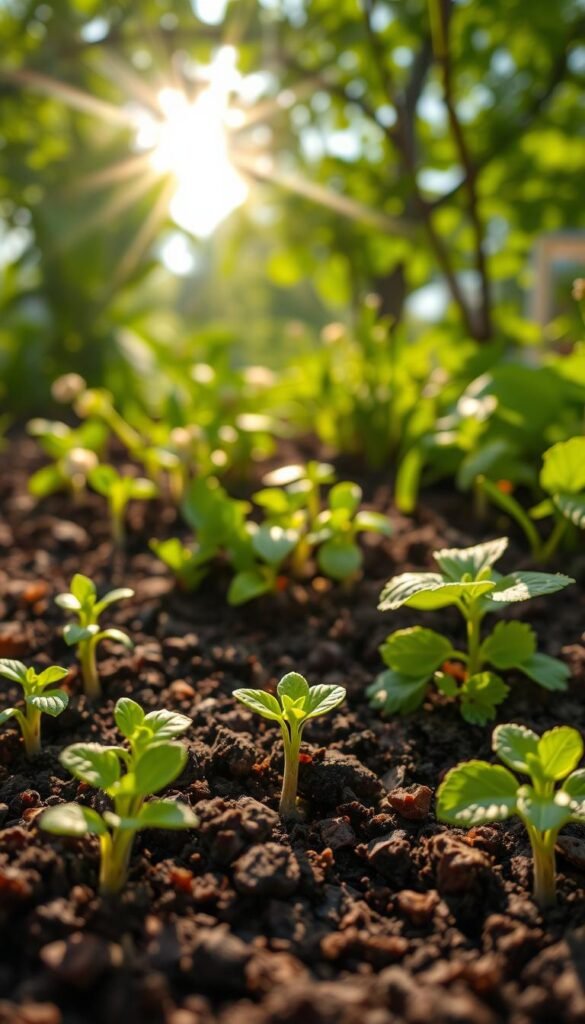 A close-up view of a vibrant herb garden, showcasing small seeds sprouting into lush green plants. In the foreground, delicate herbs like basil and cilantro are emerging from rich, dark soil, their tiny leaves glistening with morning dew. The middle ground features a variety of established herbs, each with distinct textures and colors, adding depth to the scene. In the background, a soft-focus sunlit garden creates a warm and inviting atmosphere, with rays of sunlight filtering through leafy branches. The composition should evoke a sense of growth and rejuvenation, suggesting the nurturing process of planting and tending to herbs. Use natural lighting for a gentle glow, simulating an early spring morning. The angle should be a low shot to highlight the seeds and young plants while capturing the essence of nature’s awakening.