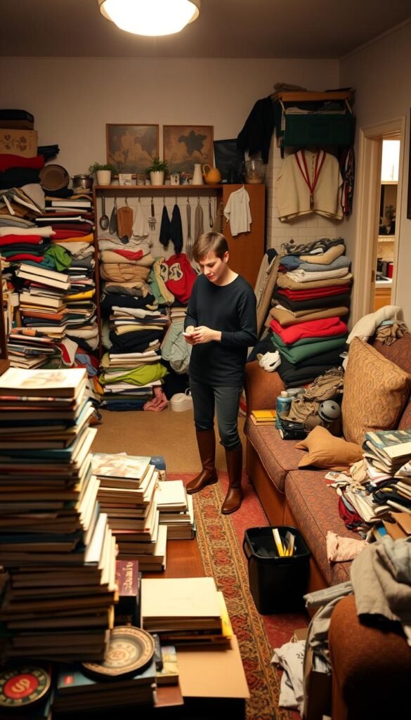 A cluttered living room filled with everyday household items, showcasing a mix of disorganized books stacked haphazardly on a coffee table, a few unwashed dishes, and an overflowing pile of laundry in the corner. In the foreground, a non-intrusive person in casual, modest clothing is sorting through some clutter, looking contemplative. The middle ground reveals a cozy sofa with mismatched cushions and a small shelf crowded with trinkets and plants. The background features a glimpse of an untidy kitchen space, with counters scattered with tools and kitchenware, all under warm, soft lighting that creates an inviting yet chaotic atmosphere. The overall mood reflects the need for organization and simplicity as the season changes. A cluttered living room filled with everyday household items, showcasing a mix of disorganized books stacked haphazardly on a coffee table, a few unwashed dishes, and an overflowing pile of laundry in the corner. In the foreground, a non-intrusive person in casual, modest clothing is sorting through some clutter, looking contemplative. The middle ground reveals a cozy sofa with mismatched cushions and a small shelf crowded with trinkets and plants. The background features a glimpse of an untidy kitchen space, with counters scattered with tools and kitchenware, all under warm, soft lighting that creates an inviting yet chaotic atmosphere. The overall mood reflects the need for organization and simplicity as the season changes.