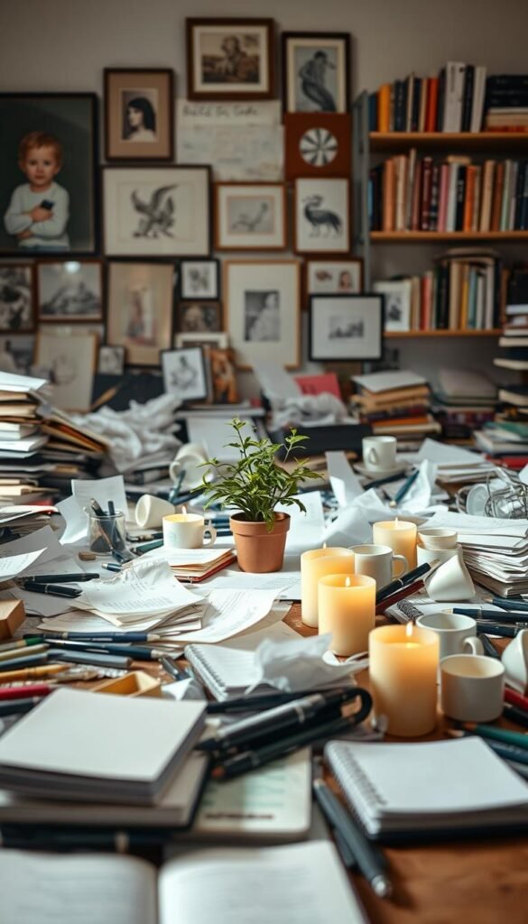 A cluttered workspace scene filled with various items reflecting the chaos of everyday life. In the foreground, a disorganized desk overflowing with notebooks, pens, and half-used candles, illuminating the area with a warm, soft glow. In the middle ground, a small potted plant struggles for attention amid crumpled papers and scattered coffee cups, suggesting a need for renewal. The background features a wall with an eclectic mix of art, framed pictures, and shelves filled with books, casting gentle shadows. The overall lighting is natural, creating a relaxed and contemplative atmosphere. The composition should evoke a sense of both chaos and potential, capturing the essence of what to release for a fresh start this spring.
