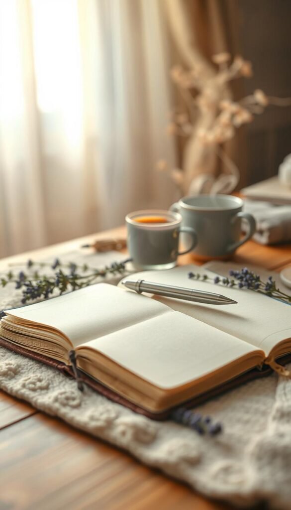 A cozy and inviting journal setup on a soft, wooden desk. In the foreground, an open journal with blank pages, a gently worn leather cover, and a delicate silver pen resting beside it. Scattered around are fresh lavender sprigs and a steaming cup of herbal tea, filling the air with a soothing aroma. In the middle background, a softly blurred window with sheer curtains allowing gentle sunlight to filter in, creating warm, golden highlights across the scene. The overall mood is serene and reflective, perfect for nurturing gentle thoughts and prompts. Capture this scene with a shallow depth of field, emphasizing the journal while softly blurring the background, invoking a sense of calm and introspection.