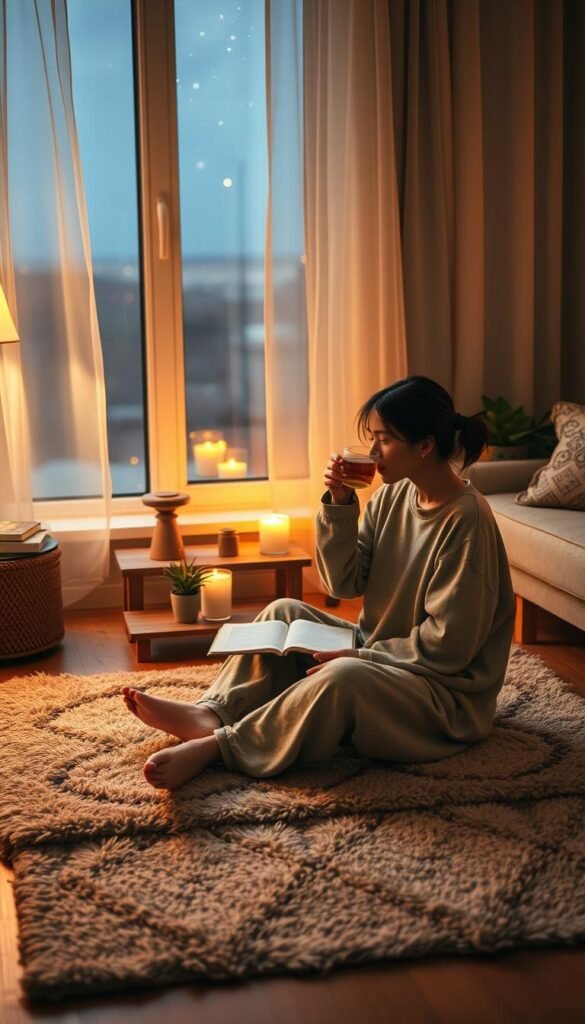 A cozy and serene evening scene depicting a person winding down after a busy day. In the foreground, a figure in comfortable, modest loungewear sits cross-legged on a plush rug, sipping herbal tea. Their environment is softly lit by warm, golden tones from a nearby lamp, enhancing the peaceful atmosphere. In the middle, a low wooden table holds a candle, an open journal, and a small potted plant, suggesting a reflective and mindful atmosphere. In the background, a window offers a glimpse of a tranquil, starry night sky, with gentle curtains swaying slightly. The overall mood is one of calmness and relaxation, inviting viewers to embrace their own slow evening routine. The scene is captured with a soft focus lens, emphasizing warmth and intimacy, creating a safe and comforting space. A cozy and serene evening scene depicting a person winding down after a busy day. In the foreground, a figure in comfortable, modest loungewear sits cross-legged on a plush rug, sipping herbal tea. Their environment is softly lit by warm, golden tones from a nearby lamp, enhancing the peaceful atmosphere. In the middle, a low wooden table holds a candle, an open journal, and a small potted plant, suggesting a reflective and mindful atmosphere. In the background, a window offers a glimpse of a tranquil, starry night sky, with gentle curtains swaying slightly. The overall mood is one of calmness and relaxation, inviting viewers to embrace their own slow evening routine. The scene is captured with a soft focus lens, emphasizing warmth and intimacy, creating a safe and comforting space.