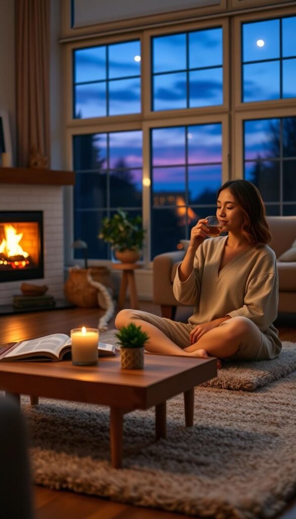 A cozy and serene scene depicting a slow evening routine in a warmly lit living room. In the foreground, a woman in modest loungewear sits cross-legged on a plush rug, gently sipping from a steaming mug of herbal tea. In the middle ground, a low wooden coffee table hosts a faintly flickering candle surrounded by open books and a small potted plant. The background showcases a softly glowing fireplace with crackling logs, and large windows revealing a twilight sky, tinted with deep blues and purples. The overall atmosphere is tranquil and soothing, enhancing the sense of relaxation and reflection. Use soft, diffused lighting to create a warm and inviting ambiance, with a slight depth of field to focus on the woman’s serene expression. A cozy and serene scene depicting a slow evening routine in a warmly lit living room. In the foreground, a woman in modest loungewear sits cross-legged on a plush rug, gently sipping from a steaming mug of herbal tea. In the middle ground, a low wooden coffee table hosts a faintly flickering candle surrounded by open books and a small potted plant. The background showcases a softly glowing fireplace with crackling logs, and large windows revealing a twilight sky, tinted with deep blues and purples. The overall atmosphere is tranquil and soothing, enhancing the sense of relaxation and reflection. Use soft, diffused lighting to create a warm and inviting ambiance, with a slight depth of field to focus on the woman’s serene expression.