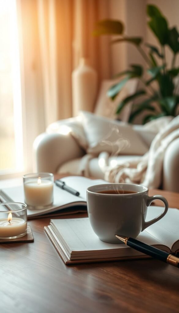 A cozy coffee table setting featuring a warm cup of tea or coffee, surrounded by a few calming elements such as a softly glowing candle and an open notebook with a fountain pen. In the foreground, the cup is in focus, radiating steam as sunlight filters through a nearby window, casting gentle rays onto the table. The middle ground should include a plush, inviting chair, draped with a soft blanket, inviting a sense of tranquility. In the background, a serene plant or two adds a touch of nature. The overall atmosphere is warm and peaceful, aiming to evoke a feeling of comfort and productivity in a soft, inviting environment. Soft, natural lighting creates a harmonious blend of warm tones throughout the composition.