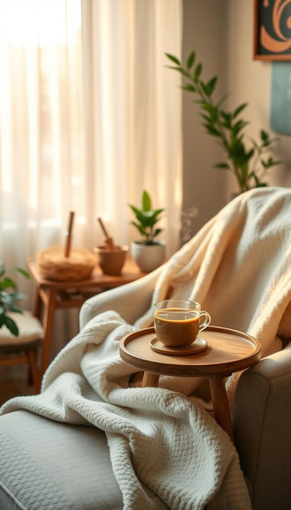A cozy corner of a home designed for tranquility, featuring a plush armchair draped with a soft blanket, nestled beside a small wooden side table. A steaming cup of herbal tea sits atop the table, exuding warmth. The background reveals a window with sheer curtains allowing soft, golden daylight to filter through, casting a gentle glow across the space. A few potted plants add life and color, enhancing the peaceful ambiance. The color palette consists of soothing pastel tones, creating an inviting atmosphere. The lens captures a slightly elevated angle, providing a sense of embrace, while the overall scene conveys serenity, ideal for a moment of emotional reset and reflection. A cozy corner of a home designed for tranquility, featuring a plush armchair draped with a soft blanket, nestled beside a small wooden side table. A steaming cup of herbal tea sits atop the table, exuding warmth. The background reveals a window with sheer curtains allowing soft, golden daylight to filter through, casting a gentle glow across the space. A few potted plants add life and color, enhancing the peaceful ambiance. The color palette consists of soothing pastel tones, creating an inviting atmosphere. The lens captures a slightly elevated angle, providing a sense of embrace, while the overall scene conveys serenity, ideal for a moment of emotional reset and reflection.