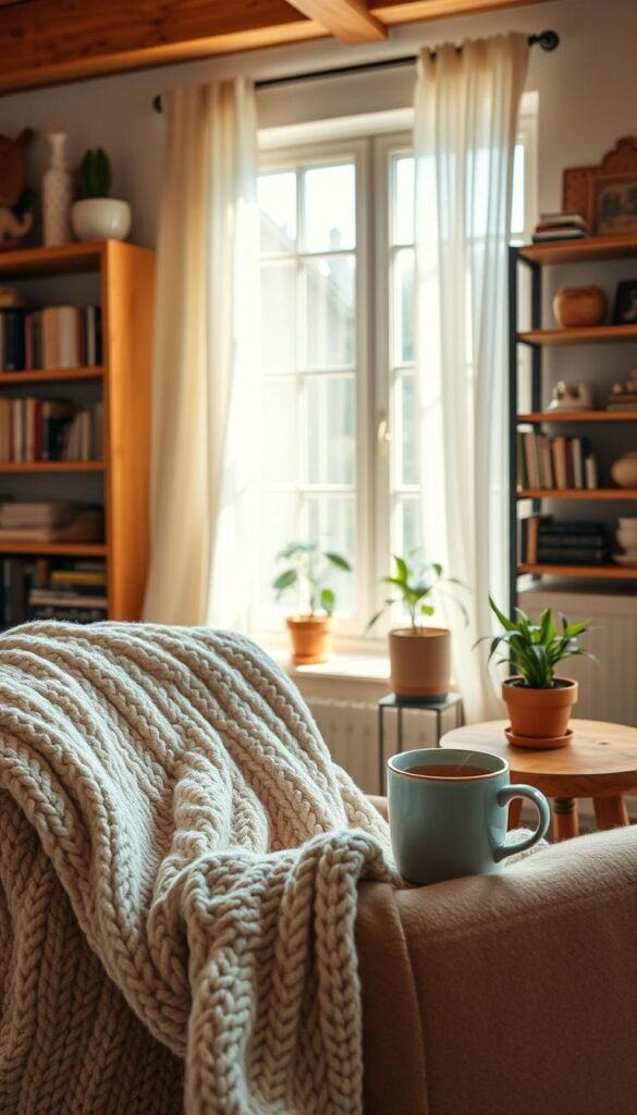 A cozy day setting inside a rustic living room. In the foreground, a soft, oversized knitted blanket drapes over a plush armchair, accompanied by a steaming mug of herbal tea on a small wooden side table. The middle-ground showcases a large window with soft, diffused sunlight streaming through sheer curtains, illuminating a potted houseplant growing nearby. In the background, shelves filled with books and quirky decor create an inviting atmosphere. The warm color palette enhances the feeling of comfort. The scene is shot with a shallow depth of field to focus on the cozy details, capturing a serene, peaceful mood that welcomes tranquility and warmth. The overall lighting is soft and warm, creating an inviting ambiance. A cozy day setting inside a rustic living room. In the foreground, a soft, oversized knitted blanket drapes over a plush armchair, accompanied by a steaming mug of herbal tea on a small wooden side table. The middle-ground showcases a large window with soft, diffused sunlight streaming through sheer curtains, illuminating a potted houseplant growing nearby. In the background, shelves filled with books and quirky decor create an inviting atmosphere. The warm color palette enhances the feeling of comfort. The scene is shot with a shallow depth of field to focus on the cozy details, capturing a serene, peaceful mood that welcomes tranquility and warmth. The overall lighting is soft and warm, creating an inviting ambiance.