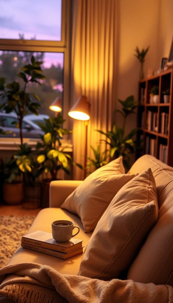 A cozy evening home space, warmly illuminated by soft golden light. In the foreground, a plush, inviting sofa adorned with soft throw pillows and a light blanket invites relaxation. A small wooden coffee table holds a steaming mug of herbal tea and a few well-loved books. In the middle ground, a softly glowing floor lamp casts a warm ambiance, while a large window reveals the deepening twilight outside, with gentle hues of purple and pink. A few plants add a touch of nature, their leaves reflecting the soft light. In the background, shelves filled with books and calming decor create an organized, serene vibe. The atmosphere feels tranquil and inviting, perfect for unwinding and settling into a peaceful evening. A cozy evening home space, warmly illuminated by soft golden light. In the foreground, a plush, inviting sofa adorned with soft throw pillows and a light blanket invites relaxation. A small wooden coffee table holds a steaming mug of herbal tea and a few well-loved books. In the middle ground, a softly glowing floor lamp casts a warm ambiance, while a large window reveals the deepening twilight outside, with gentle hues of purple and pink. A few plants add a touch of nature, their leaves reflecting the soft light. In the background, shelves filled with books and calming decor create an organized, serene vibe. The atmosphere feels tranquil and inviting, perfect for unwinding and settling into a peaceful evening.