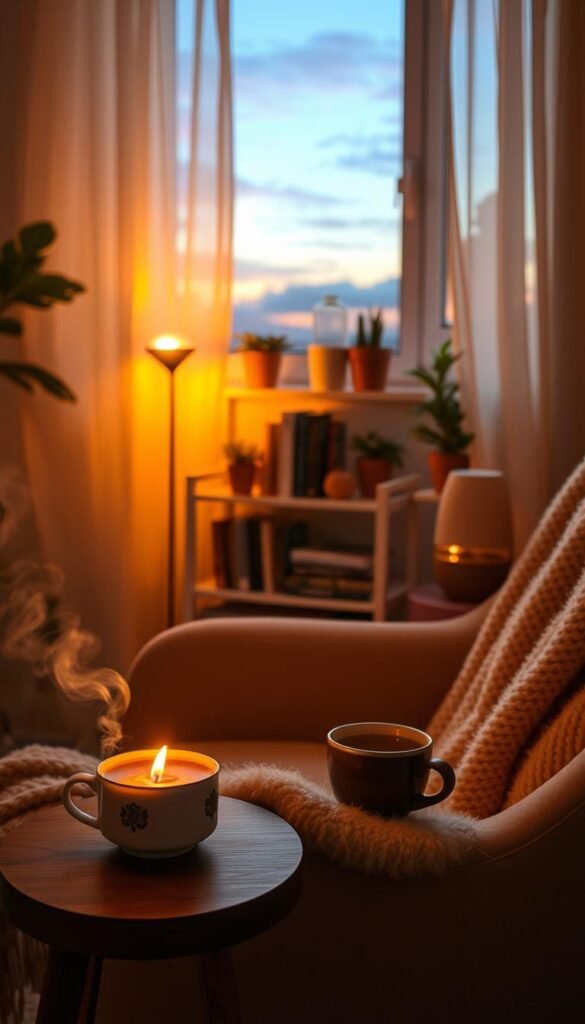 A cozy evening routine setting, featuring a softly lit living room bathed in warm golden hues of sunset. In the foreground, a comfortable armchair adorned with a fluffy blanket, a steaming cup of herbal tea placed on a small wooden side table. A lit candle flickers gently, casting playful shadows. In the middle, a small bookshelf displays well-loved books and potted plants, while a diffusing essential oil machine releases a soft mist. The background shows a window with sheer curtains, revealing a serene twilight sky. The atmosphere is tranquil and inviting, perfect for self-care. The scene is captured from a slightly elevated angle to highlight the comforting details, using soft focus to enhance the calming mood.