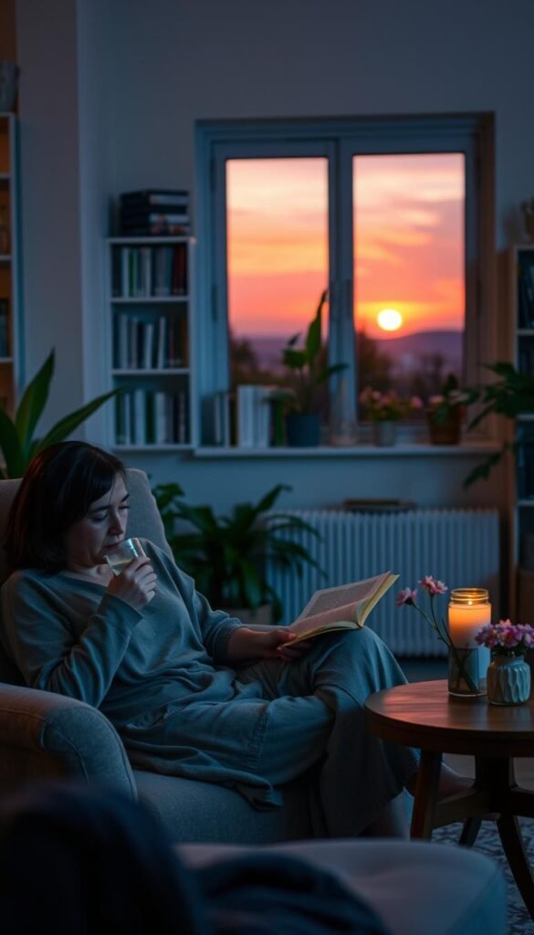 A cozy evening scene depicting a tranquil living room, softly illuminated by warm, ambient lighting. In the foreground, a plush armchair is occupied by a person in modest casual clothing, sipping herbal tea and reading a book. On a side table, there is a flickering candle and a small vase of fresh flowers, enhancing the calming atmosphere. In the middle ground, a window reveals a peaceful evening sky painted in soft hues of orange and purple as the sun sets, casting gentle shadows. In the background, shelves filled with books and plants create a serene environment. The scene evokes feelings of relaxation and emotional calm, perfect for an evening of quiet reflection and mini-rituals.