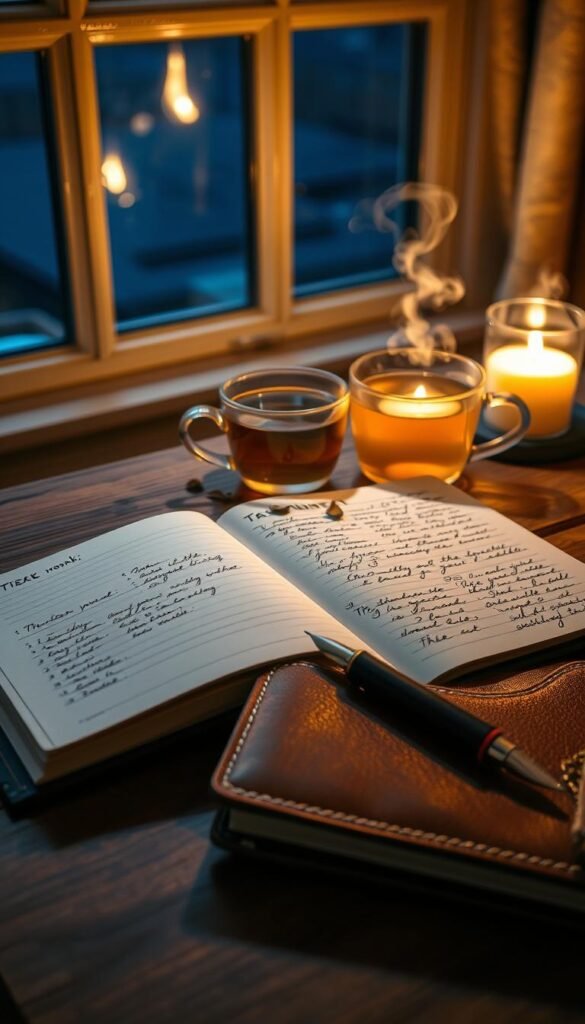 A cozy evening scene featuring a beautifully arranged journaling station on a wooden table. In the foreground, a closed leather-bound journal and a fountain pen rest beside an open notebook filled with neat, handwritten journaling prompts. A warm, soft glow from a nearby candle casts gentle shadows and highlights the intricate textures of the paper and pen. In the middle, a steaming cup of herbal tea adds a comforting touch, with a few loose tea leaves scattered artistically around it. In the background, a softly focused window reveals a tranquil night outside, with twinkling stars visible in the deep blue sky. The overall atmosphere is serene and reflective, inviting a sense of calm and introspection, perfect for a gentle reset. The image is lit warmly, capturing the peaceful essence of an evening routine dedicated to self-reflection. A cozy evening scene featuring a beautifully arranged journaling station on a wooden table. In the foreground, a closed leather-bound journal and a fountain pen rest beside an open notebook filled with neat, handwritten journaling prompts. A warm, soft glow from a nearby candle casts gentle shadows and highlights the intricate textures of the paper and pen. In the middle, a steaming cup of herbal tea adds a comforting touch, with a few loose tea leaves scattered artistically around it. In the background, a softly focused window reveals a tranquil night outside, with twinkling stars visible in the deep blue sky. The overall atmosphere is serene and reflective, inviting a sense of calm and introspection, perfect for a gentle reset. The image is lit warmly, capturing the peaceful essence of an evening routine dedicated to self-reflection.