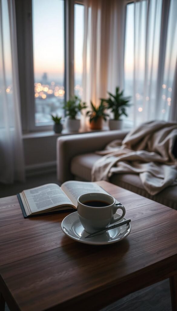 A cozy evening scene featuring a minimalist setting with a small wooden table by a window. The foreground showcases a steaming cup of coffee, a delicate saucer, and an open journal with a neatly arranged pen. Soft, warm lighting casts gentle shadows, highlighting the natural wood grain of the table. In the middle, a soft, muted couch draped with a light blanket invites relaxation, with a few potted plants adding a touch of greenery. The background reveals a softly lit window with sheer curtains gently swaying in the evening breeze, revealing distant city lights. The overall mood is calm and tranquil, embodying a peaceful wind-down ritual at the end of the day, encouraging mindfulness and self-reflection.