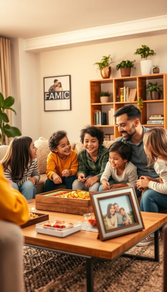 A cozy family gathering living room scene, bathed in warm, soft lighting during the golden hour. In the foreground, a diverse family of four - a mother, father, and two children - are engaged in a joyful board game, smiling and laughing. The parents are dressed in comfortable yet stylish casual clothing. In the middle ground, a well-lit coffee table is adorned with snacks and a few family photos in elegant frames. The background features a tastefully decorated bookcase filled with books and potted plants, enhancing the homey atmosphere. The room exudes a sense of warmth, unity, and intentionality, inviting viewers to feel the importance of family time in daily life. A cozy family gathering living room scene, bathed in warm, soft lighting during the golden hour. In the foreground, a diverse family of four - a mother, father, and two children - are engaged in a joyful board game, smiling and laughing. The parents are dressed in comfortable yet stylish casual clothing. In the middle ground, a well-lit coffee table is adorned with snacks and a few family photos in elegant frames. The background features a tastefully decorated bookcase filled with books and potted plants, enhancing the homey atmosphere. The room exudes a sense of warmth, unity, and intentionality, inviting viewers to feel the importance of family time in daily life.
