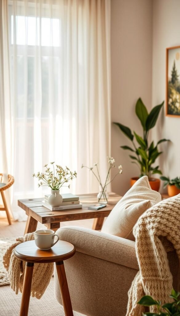 A cozy home interior during a soft spring weekend, featuring warm, soft lighting filtering through sheer, white curtains. In the foreground, a plush, oversized armchair with a knitted blanket draped over it, beside a small wooden side table with a steaming cup of herbal tea. The middle ground includes a rustic coffee table adorned with delicate spring flowers in a simple vase and a few books stacked casually. The background reveals a softly painted wall with artwork depicting nature, and a hint of greenery from potted plants placed strategically around the room. The overall mood is serene and inviting, designed to evoke a sense of warmth and relaxation.