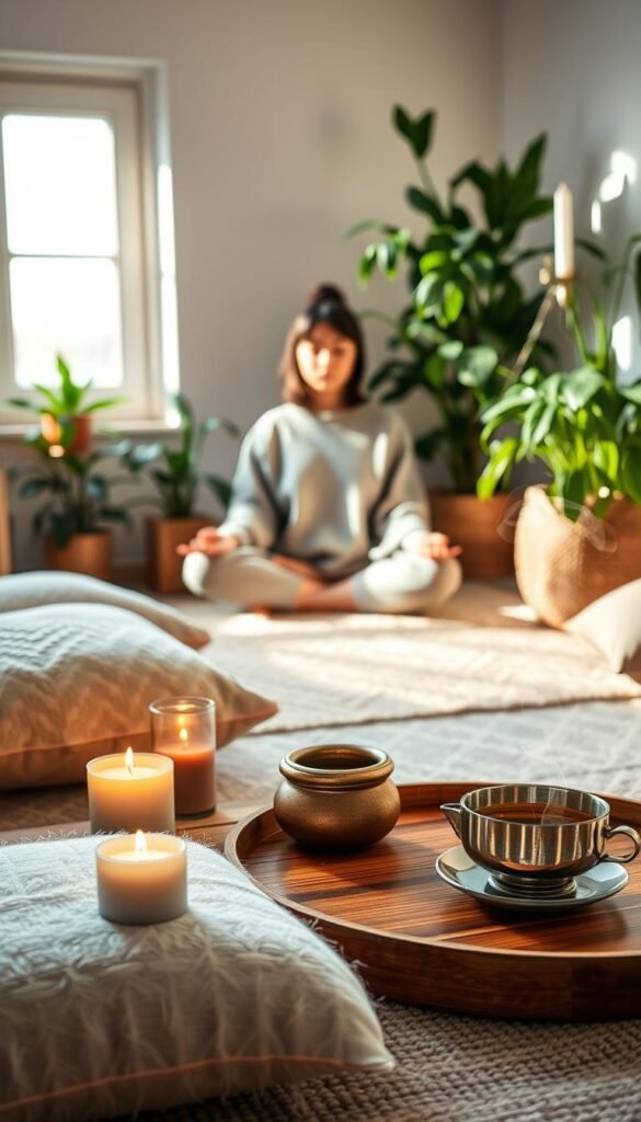 A cozy indoor scene depicting a "reset ritual." In the foreground, a beautifully arranged meditation space with soft, plush cushions and a low wooden table adorned with soothing candles, a small incense burner releasing wisps of fragrant smoke, and a cup of herbal tea exuding warmth. The middle ground features a person, dressed in comfortable, modest casual clothing, sitting cross-legged and peacefully meditating, surrounded by lush houseplants. In the background, a softly lit window allows gentle morning light to filter in, casting warm shadows and creating an inviting atmosphere. The overall mood is serene and calming, with a focus on tranquility and self-care, suggesting a personal space for daily rejuvenation.