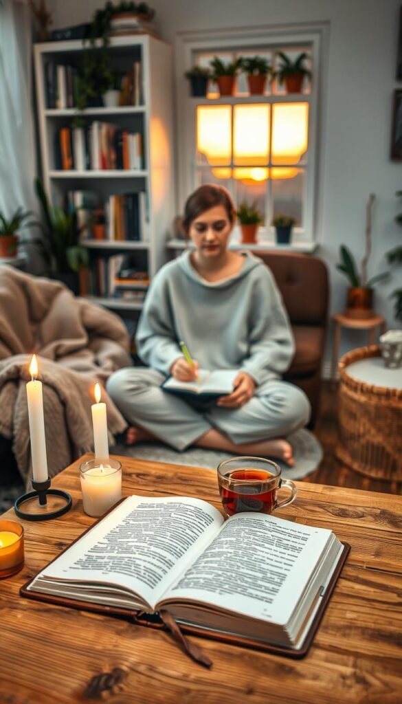 A cozy, inviting evening ritual scene unfolds in a softly lit room. In the foreground, a wooden table is adorned with an open journal and a steaming cup of herbal tea, surrounded by candles casting a warm glow. Cozy blankets are draped over a nearby armchair. In the middle ground, a person dressed in comfortable, modest attire sits cross-legged on the floor, with a serene expression as they write in the journal. The background features a softly lit bookshelf filled with books and potted plants, while a gentle sunset casts a warm orange hue through a window. The overall mood is tranquil and reflective, evoking a sense of relaxation and mindfulness in preparation for journaling. Shot with a shallow depth of field to enhance intimacy and focus.