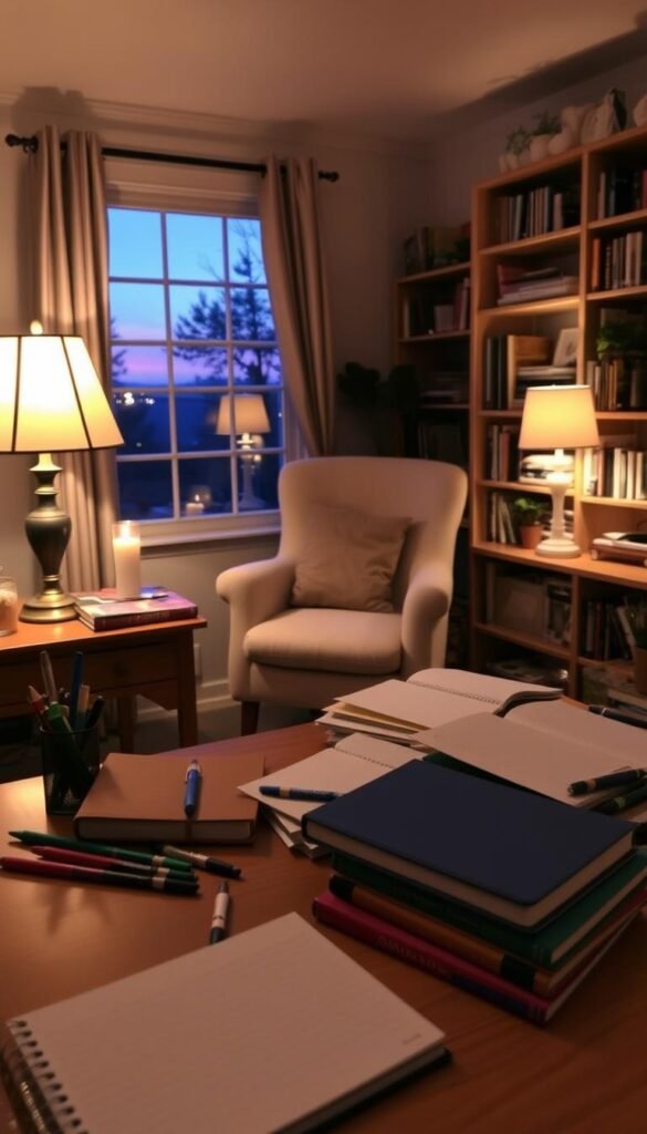 A cozy, inviting evening scene designed for journaling. In the foreground, a beautifully arranged wooden desk is cluttered with various colorful journals and pens, illuminated by the warm glow of a nearby table lamp. Soft, flickering candlelight adds a relaxing ambiance. In the middle ground, a plush chair sits near the desk, inviting the viewer to sit and write. A gently illuminated window reveals soft twilight hues of deep blue and purple outside, hinting at a tranquil evening. In the background, bookshelves filled with inspiring books and comfortable decor create a serene atmosphere. The overall mood is peaceful, encouraging reflection and creativity, perfectly embodying a gentle step-by-step evening journaling flow. Use soft focus to enhance the dreamlike quality of the scene.