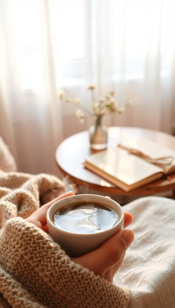 A cozy, inviting scene featuring a soft, warm cup of tea or coffee cradled in gentle hands, suggesting comfort and tranquility. In the foreground, focus on the cup with steam rising softly, hinting at warmth and relaxation, while a textured blanket drapes nearby. In the middle ground, a softly lit table adorned with a few delicate flowers in a vase and a journal is visible, adding a touch of serenity. The background consists of a softly blurred window with light filtering through sheer curtains, bathing the room in a warm glow. The atmosphere conveys a sense of peacefulness and intention, perfect for easing into the new season. The lighting is warm and inviting, creating an overall mood of comfort and mindfulness. A cozy, inviting scene featuring a soft, warm cup of tea or coffee cradled in gentle hands, suggesting comfort and tranquility. In the foreground, focus on the cup with steam rising softly, hinting at warmth and relaxation, while a textured blanket drapes nearby. In the middle ground, a softly lit table adorned with a few delicate flowers in a vase and a journal is visible, adding a touch of serenity. The background consists of a softly blurred window with light filtering through sheer curtains, bathing the room in a warm glow. The atmosphere conveys a sense of peacefulness and intention, perfect for easing into the new season. The lighting is warm and inviting, creating an overall mood of comfort and mindfulness.