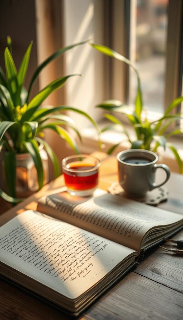 A cozy, inviting scene featuring an open journal on a wooden table, with warm, soft light filtering through a nearby window, casting gentle shadows. The journal has an elegant cover, perhaps made of textured leather, with a few pages partially turned, revealing handwritten notes in a flowing script. Beside the journal, a steaming mug of herbal tea sits atop a delicate coaster, exuding a sense of warmth and tranquility. In the background, lush green plants softly blur, enhancing the serene atmosphere of early spring. The color palette is warm and earthy, with tones of soft beige, green, and a hint of sunlight. The image captures a peaceful moment, encouraging reflection and inspiration.