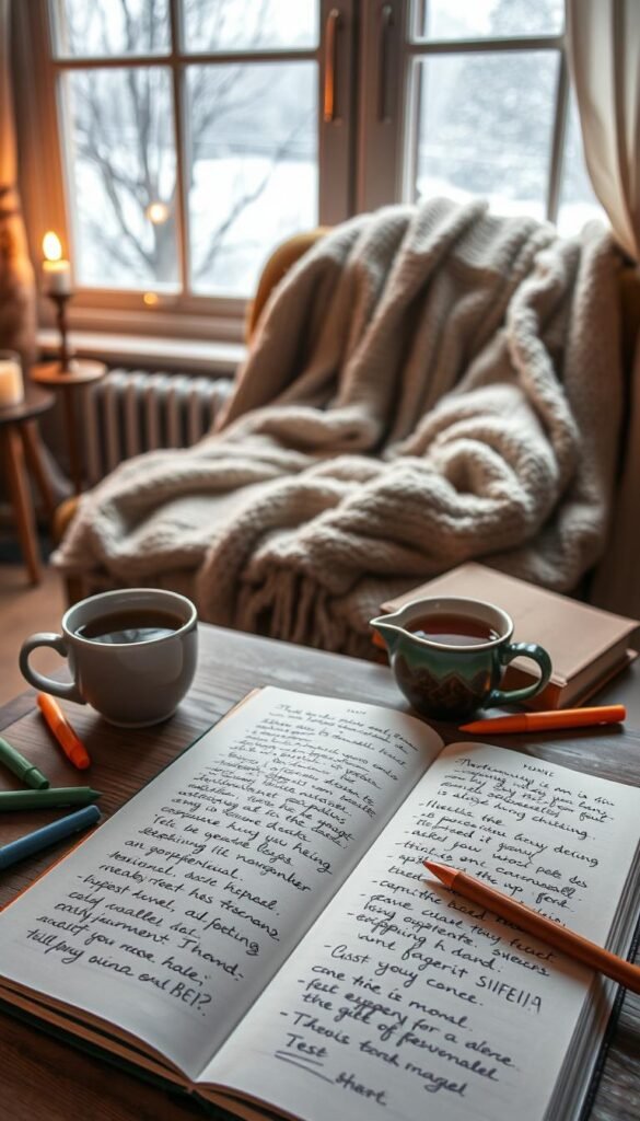 A cozy, inviting scene focused on a beautifully arranged journal placed on a wooden desk. In the foreground, the journal is open to a double-page spread filled with warm, handwritten notes and sketches, surrounded by colorful pens and highlighters. A steaming cup of herbal tea rests nearby, exuding soothing aromas. The middle ground features soft, knitted blankets draped casually over a nearby chair, and a flickering candle softly illuminates the space, casting gentle shadows. In the background, a window reveals a wintery landscape with soft snowfall, allowing natural light to filter in, enhancing the cozy atmosphere. The composition conveys tranquility and introspection, inviting the viewer into a peaceful journaling ritual. Use soft, warm lighting to enhance the scene’s calm and serene mood.