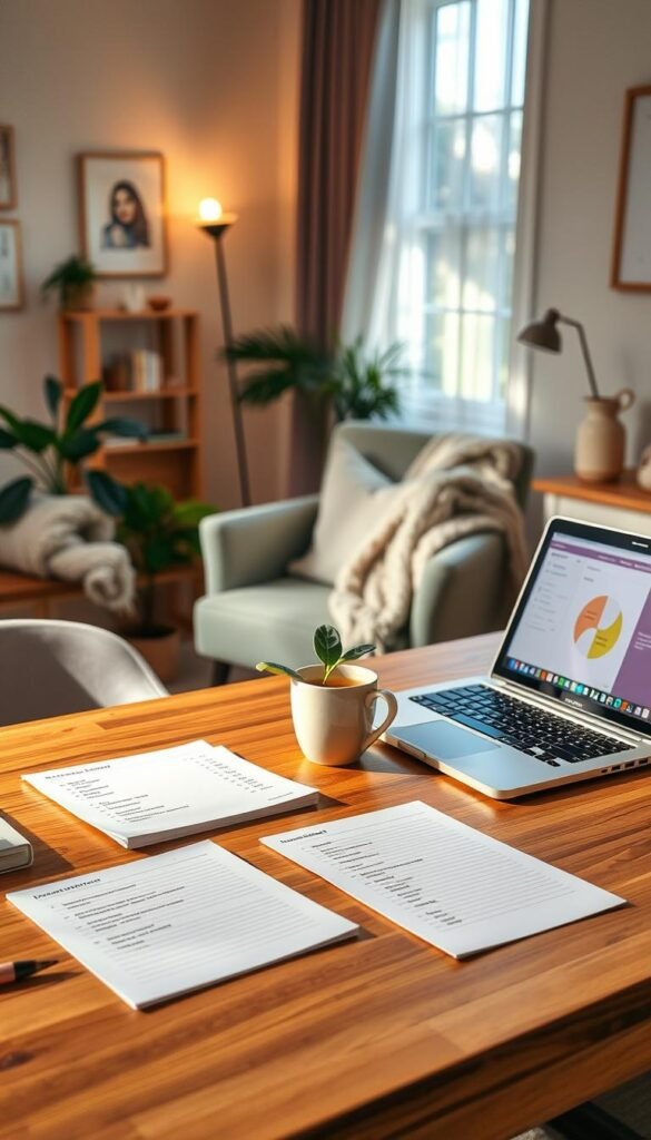 A cozy, inviting workspace scene featuring a soft productivity system setup. In the foreground, a well-organized wooden desk adorned with colorful, neatly written lists on eco-friendly stationery, and a laptop open to a gentle productivity app interface. A steaming cup of herbal tea sits beside a small potted plant. In the middle, a comfortable chair placed beside the desk, with a plush throw blanket casually draped over it. The background showcases a softly lit room with warm, natural lighting streaming through a window, casting a peaceful ambiance. Decor is minimalistic yet inviting, with soft textures and calming colors. The atmosphere conveys tranquility and focus, ideal for a productive yet gentle work environment.