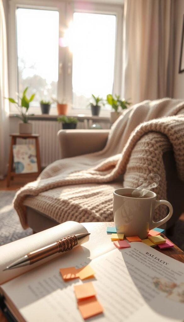 A cozy journaling scene in a softly lit room, foreground featuring an open journal with a decorative pen resting beside it, surrounded by colorful sticky notes and a steaming cup of herbal tea. The middle ground includes a plush, knitted blanket draped over a comfortable armchair, inviting warmth and relaxation. In the background, a large window allows soft, golden sunlight to filter in, casting gentle shadows and creating a tranquil atmosphere. Potted plants add a touch of greenery, enhancing the feeling of serenity and emotional warmth. The composition is shot from a slightly elevated angle, emphasizing the inviting details of the journaling setup, and evoking a sense of peace and kindness, perfect for heart-opening reflections.