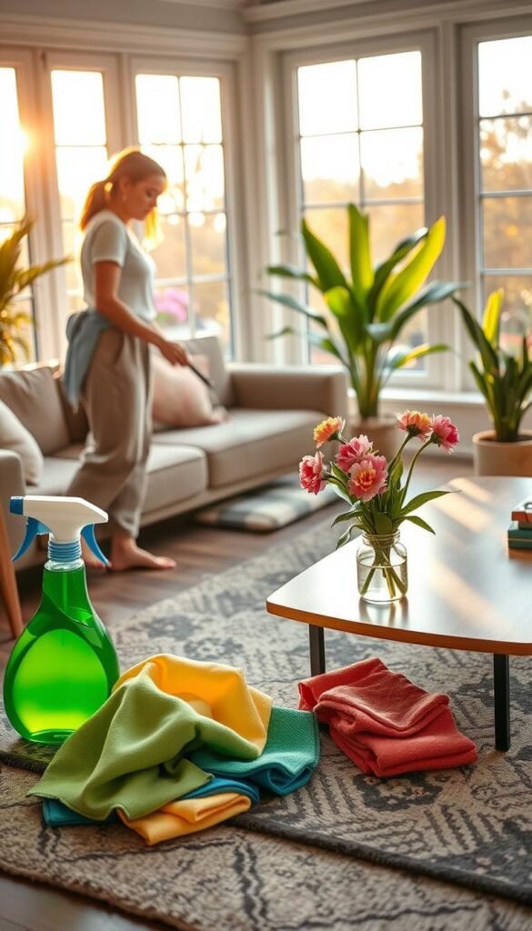 A cozy living room during spring cleaning, featuring a woman in a modest casual outfit, energetically tidying up. In the foreground, a colorful collection of cleaning supplies, like microfiber cloths and eco-friendly cleaning spray, lies on a stylish rug. The middle ground showcases the woman dusting a bright, wooden coffee table adorned with spring flowers in a vase. In the background, large windows let in warm, golden evening sunlight, casting soft shadows, and revealing a blooming garden outside. The atmosphere is lively and refreshing, capturing the essence of renewal and organization, with lush green plants accentuating the space. Soft focus on the background adds depth, creating an inviting and rejuvenated home environment.