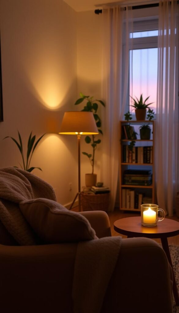 A cozy living room during the evening, designed for a gentle and calming ambiance. In the foreground, a plush, inviting armchair enveloped in a soft throw blanket, next to a small wooden side table holding a glowing candle and a steaming mug of herbal tea. The middle ground features a warmly lit corner with a soft floor lamp casting a golden hue, and a bookshelf filled with neatly arranged books and plants. The background shows a window with sheer curtains slightly drawn, allowing a soft twilight glow to filter in, illuminating the room with a soothing light. The overall atmosphere is tranquil and relaxing, evoking a sense of peace and reflection, perfect for winding down. A cozy living room during the evening, designed for a gentle and calming ambiance. In the foreground, a plush, inviting armchair enveloped in a soft throw blanket, next to a small wooden side table holding a glowing candle and a steaming mug of herbal tea. The middle ground features a warmly lit corner with a soft floor lamp casting a golden hue, and a bookshelf filled with neatly arranged books and plants. The background shows a window with sheer curtains slightly drawn, allowing a soft twilight glow to filter in, illuminating the room with a soothing light. The overall atmosphere is tranquil and relaxing, evoking a sense of peace and reflection, perfect for winding down.
