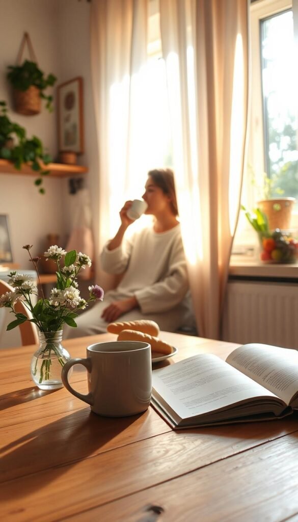 A cozy morning scene in a sunlit kitchen, where a person in comfortable, modest clothing enjoys a warm cup of tea. In the foreground, a wooden table is adorned with a simple ceramic mug, a small vase of fresh flowers, and an open book, inviting serenity. In the middle, the individual is gently looking out the window, framed by soft curtains, as sunlight streams in, casting warm golden hues. You can see a small bread basket and a vibrant fruit bowl, emphasizing a simple yet fulfilling breakfast ritual. The background features cozy kitchen decor with plants and artwork that evoke a sense of tranquility and comfort. The mood is warm and inviting, evoking the essence of simple living and the joy of daily rituals. A cozy morning scene in a sunlit kitchen, where a person in comfortable, modest clothing enjoys a warm cup of tea. In the foreground, a wooden table is adorned with a simple ceramic mug, a small vase of fresh flowers, and an open book, inviting serenity. In the middle, the individual is gently looking out the window, framed by soft curtains, as sunlight streams in, casting warm golden hues. You can see a small bread basket and a vibrant fruit bowl, emphasizing a simple yet fulfilling breakfast ritual. The background features cozy kitchen decor with plants and artwork that evoke a sense of tranquility and comfort. The mood is warm and inviting, evoking the essence of simple living and the joy of daily rituals.