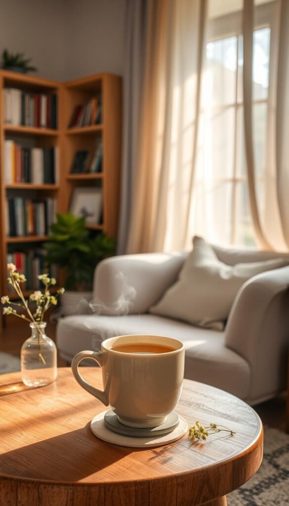 A cozy room bathed in soft, diffused light, creating a serene atmosphere. In the foreground, a warm cup of steaming herbal tea sits on a small wooden table, its surface rich in natural textures. The cup is ceramic, with a gentle, inviting color palette of creamy pastels. Surrounding the cup, a few delicate coasters and a small vase with fresh wildflowers enhance the warmth. In the middle ground, a comfortable armchair upholstered in a soft, neutral fabric invites relaxation. A light, sheer curtain filters sunlight, casting gentle patterns across the room. The background reveals a bookshelf filled with neatly arranged books and a window framing a glimpse of a peaceful garden. The overall mood is calm and welcoming, promoting a sense of tranquility and space to breathe.