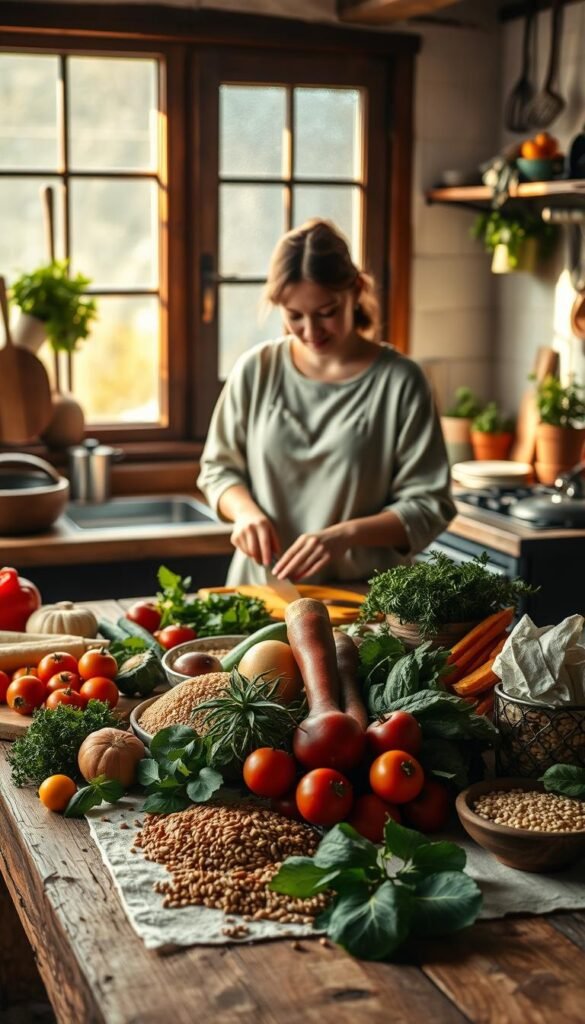 A cozy, rustic kitchen scene that embodies the essence of slow food. In the foreground, a wooden table adorned with a colorful assortment of fresh vegetables, herbs, and whole grains, invitingly displayed with a soft linen tablecloth underneath. In the middle, a nurturing figure— a woman in modest casual clothing, gently chopping vegetables, her expressions reflecting mindfulness and joy in the cooking process. The background features warm, ambient lighting filtering through a window, casting soft shadows and creating a serene atmosphere. Traditional kitchen tools hang on the walls, and potted herbs are on the windowsill, enhancing the homely feel. The overall composition conveys tranquility and simplicity, emphasizing food as a pathway to a slower lifestyle. A cozy, rustic kitchen scene that embodies the essence of slow food. In the foreground, a wooden table adorned with a colorful assortment of fresh vegetables, herbs, and whole grains, invitingly displayed with a soft linen tablecloth underneath. In the middle, a nurturing figure— a woman in modest casual clothing, gently chopping vegetables, her expressions reflecting mindfulness and joy in the cooking process. The background features warm, ambient lighting filtering through a window, casting soft shadows and creating a serene atmosphere. Traditional kitchen tools hang on the walls, and potted herbs are on the windowsill, enhancing the homely feel. The overall composition conveys tranquility and simplicity, emphasizing food as a pathway to a slower lifestyle.