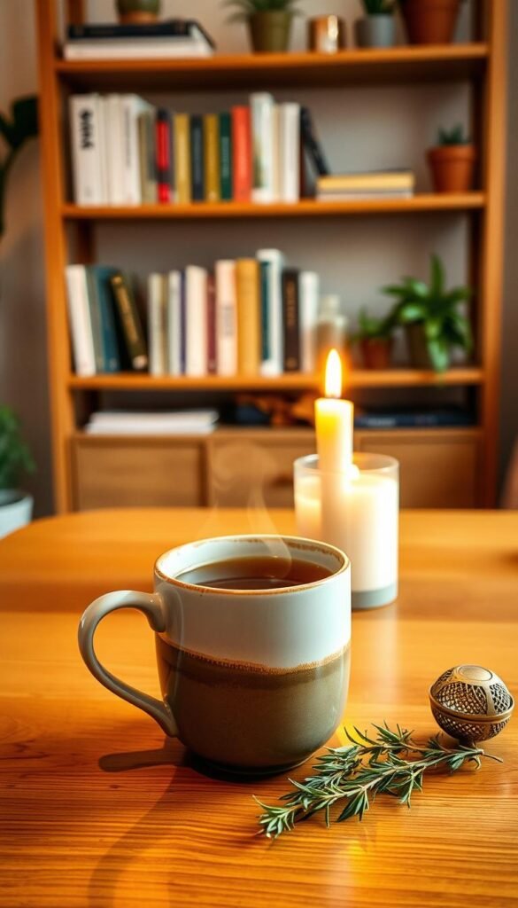 A cozy scene depicting a warm cup ritual, focusing on a beautifully crafted ceramic mug filled with steaming herbal tea. In the foreground, a polished wooden table displays the mug alongside a small sprig of fresh herbs and a delicate tea infuser. The middle ground features a softly lit candle casting a warm glow, creating an inviting ambiance. In the background, an artfully arranged shelf filled with wellness books and potted plants adds a touch of greenery. The lighting is soft and golden, evoking a serene evening atmosphere. The composition should capture a sense of tranquility and intentionality, encouraging viewers to embrace the ritual of slowing down and savoring a moment of calm.