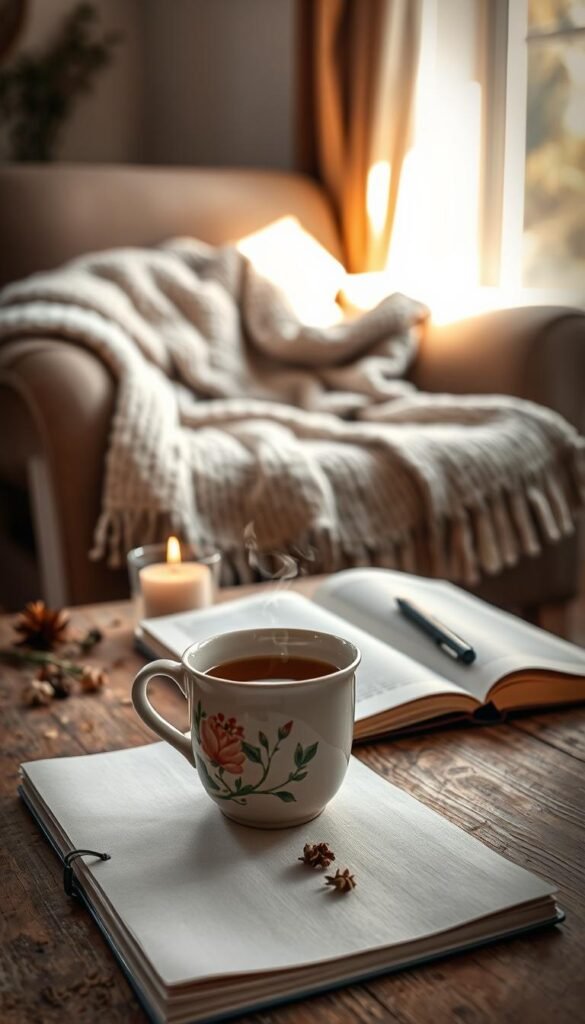 A cozy scene featuring a warm cup of herbal tea set on a rustic wooden table. In the foreground, the cup is ceramic with a hand-painted floral design, steam rising gently from it. Beside the cup, an open journal lies with a pen resting on the pages, while a few scattered dried herbs and a lit candle offer a soothing touch. The middle ground reveals soft texture blankets draped over a plush armchair, inviting relaxation. In the background, a soft glow from a nearby window casts delicate shadows, suggesting the warmth of late afternoon sunlight. The mood is tranquil and nurturing, evoking a sense of calm and self-care. The composition has a slight vignette effect, focusing attention on the cup and the sense of ritual atmosphere. A cozy scene featuring a warm cup of herbal tea set on a rustic wooden table. In the foreground, the cup is ceramic with a hand-painted floral design, steam rising gently from it. Beside the cup, an open journal lies with a pen resting on the pages, while a few scattered dried herbs and a lit candle offer a soothing touch. The middle ground reveals soft texture blankets draped over a plush armchair, inviting relaxation. In the background, a soft glow from a nearby window casts delicate shadows, suggesting the warmth of late afternoon sunlight. The mood is tranquil and nurturing, evoking a sense of calm and self-care. The composition has a slight vignette effect, focusing attention on the cup and the sense of ritual atmosphere.