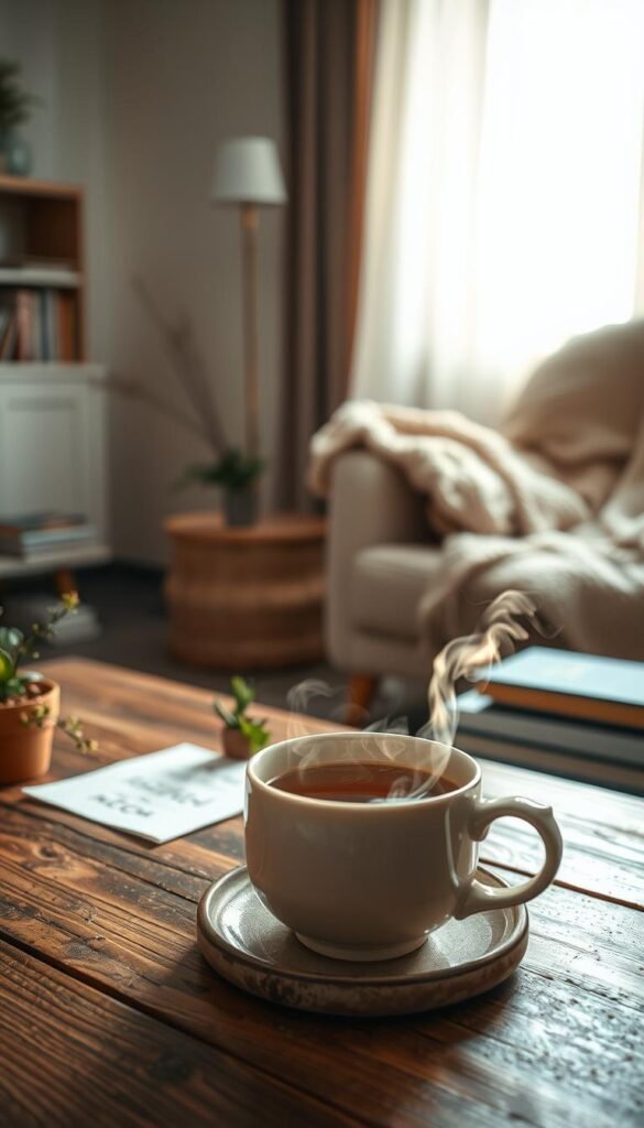 A cozy scene featuring a warm cup of steaming tea nestled in a delicate ceramic mug, placed on a rustic wooden table. In the foreground, soft, pale morning light filters through sheer curtains, creating a gentle glow that highlights the rising steam from the cup. The middle ground showcases a few handwritten notes and a small plant, adding a touch of nature. In the background, out of focus, a softly lit room with muted colors, a comfy armchair draped with a knitted throw blanket, and a few scattered books set an inviting atmosphere. The overall mood is serene and tranquil, evoking feelings of comfort and self-care. The lighting is warm and soft, with a shallow depth of field to emphasize the cup as the focal point.