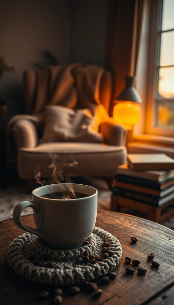 A cozy scene featuring a warm cup of steaming tea or coffee resting on a small wooden table. The foreground includes a close-up of the cup with gentle condensation on its surface, inviting warmth. Surrounding the cup are scattered loose leaf tea or coffee beans, and a cozy knitted coasters. In the middle background, a softly lit room with a plush armchair draped in a soft blanket and a few well-loved books stacked nearby creates an intimate atmosphere. The soft amber glow of a nearby lamp casts warm shadows, enhancing the nostalgic feel. In the distant background, a window reveals a calm, golden sunset, infusing a sense of serenity. The mood exudes comfort and tranquility, perfect for a moment of reflection and emotional declutter.