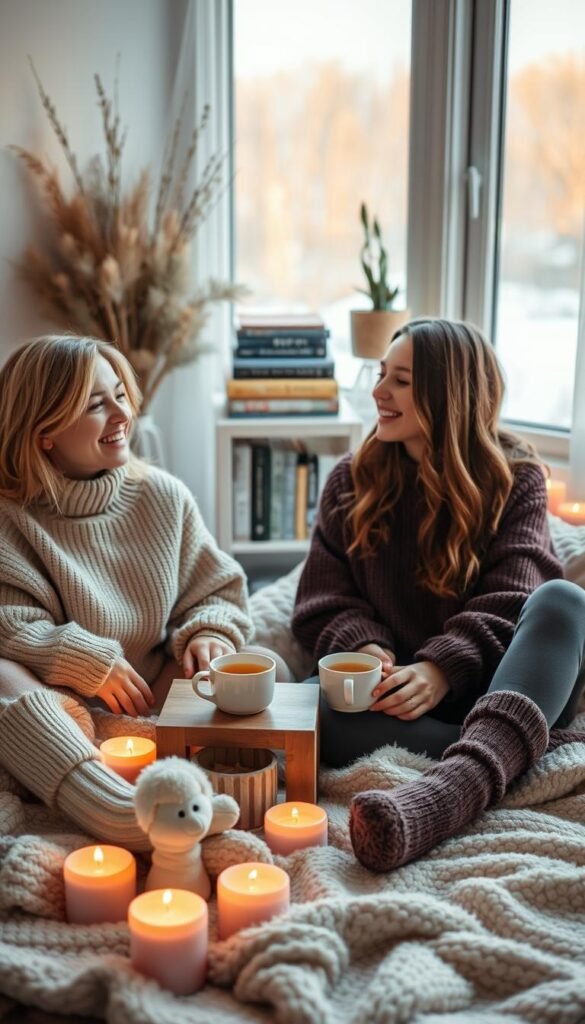 A cozy scene featuring two friends enjoying a self-care ritual during the quiet heart of February. In the foreground, they are seated on soft, plush blankets surrounded by warm, flickering candles, with cups of herbal tea resting on a small wooden table. The friends, dressed in modest, comfortable sweaters and socks, share a gentle laugh, their expressions radiating joy and tranquility. In the middle background, a small bookshelf stacked with self-care books and plants creates an inviting atmosphere. The soft, ambient lighting creates a warm glow, with golden hues filtering through a nearby window, casting light on the snowy landscape outside. The mood is serene and intimate, embodying the essence of friendship and self-care during the winter months.