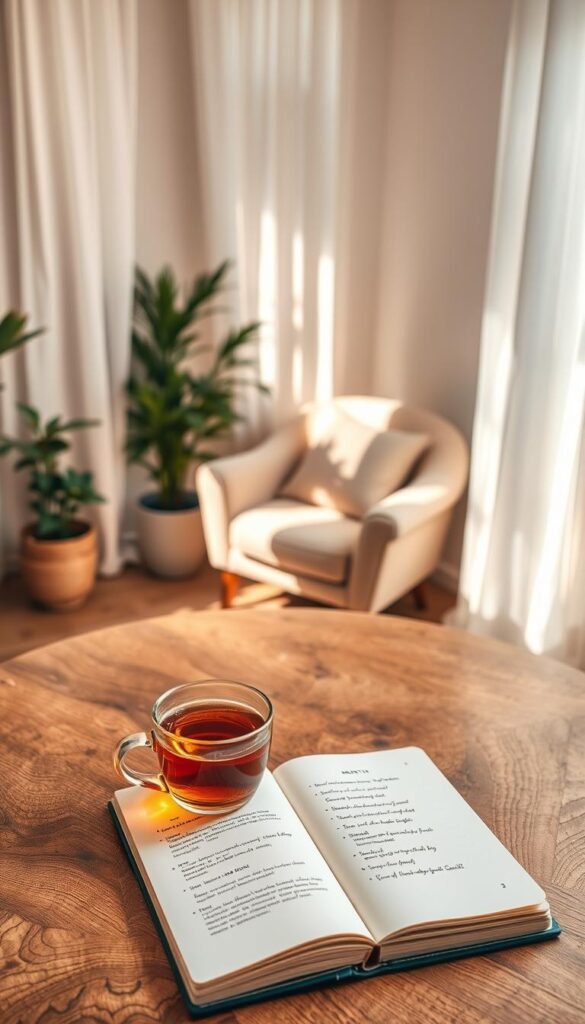 A cozy scene set in a softly lit room, featuring a round wooden table in the foreground with a warm cup of herbal tea resting beside an open notebook filled with gentle goals for the month. A gentle morning sunlight filters through sheer white curtains, casting a warm, inviting glow across the room. In the middle ground, a plush armchair is nestled in a corner surrounded by indoor plants, exuding a sense of comfort and tranquility. The background has a softly painted wall in neutral tones, emphasizing a serene atmosphere. The image captures a warm, calming mood, inviting the viewer to imagine settling in and reflecting on their goals, with a shallow depth of field focusing on the cup and the notebook.