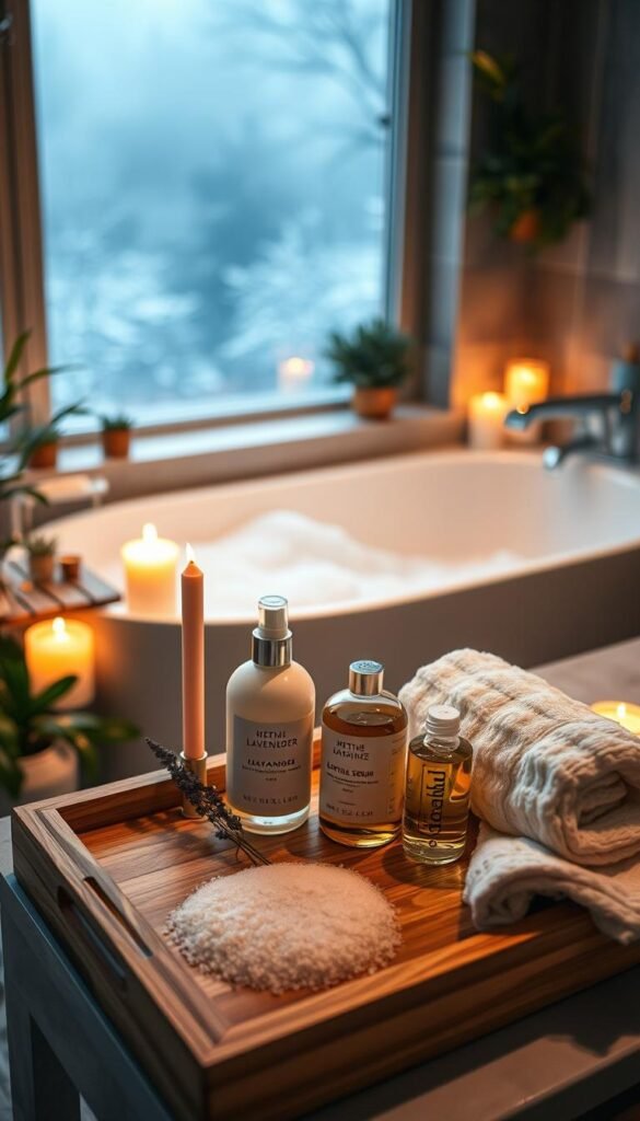 A cozy, serene bathroom setting bathed in soft, warm candlelight creates a peaceful atmosphere. In the foreground, a beautifully arranged wooden tray features natural body care products like lavender-scented lotion, a gentle scrub, and a fragrant oil, all artfully placed beside a fluffy white towel. The middle ground showcases a sleek, modern bathtub filled with bubbles, while a few green plants peek from the edges, adding a touch of nature. In the background, a foggy window reveals soft shadows of a winter evening outside. The scene should convey relaxation and tranquility, with a narrow depth of field focusing on the tray, enhanced by a gentle, diffused light, creating a warm, inviting ambiance that's perfect for a slow evening routine. A cozy, serene bathroom setting bathed in soft, warm candlelight creates a peaceful atmosphere. In the foreground, a beautifully arranged wooden tray features natural body care products like lavender-scented lotion, a gentle scrub, and a fragrant oil, all artfully placed beside a fluffy white towel. The middle ground showcases a sleek, modern bathtub filled with bubbles, while a few green plants peek from the edges, adding a touch of nature. In the background, a foggy window reveals soft shadows of a winter evening outside. The scene should convey relaxation and tranquility, with a narrow depth of field focusing on the tray, enhanced by a gentle, diffused light, creating a warm, inviting ambiance that's perfect for a slow evening routine.
