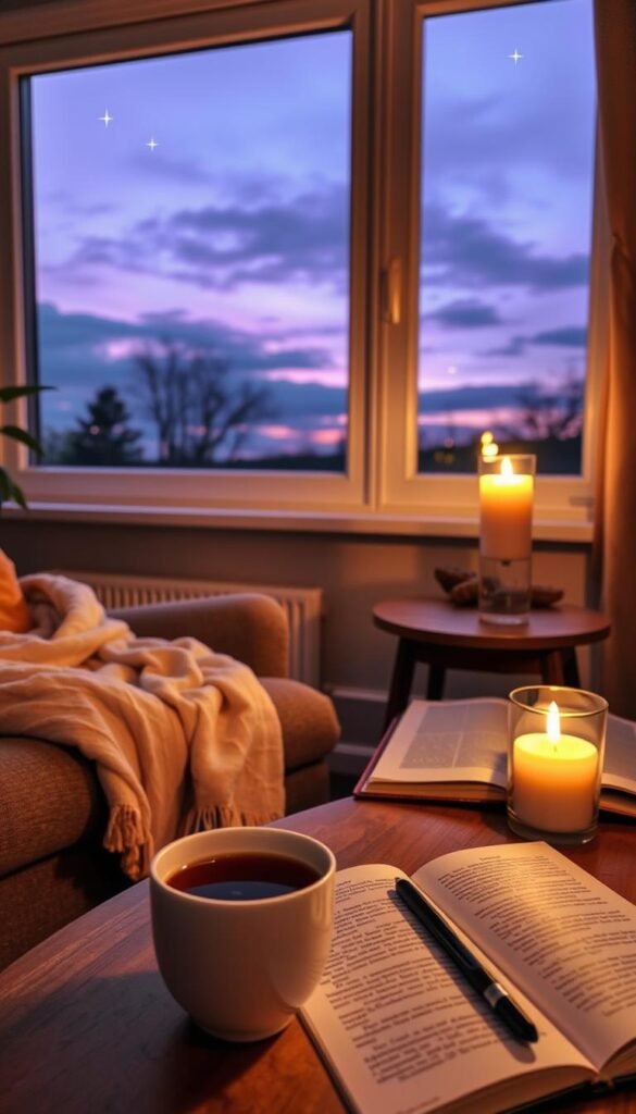 A cozy, serene evening scene depicting a warm indoor environment as part of a slow evening routine. In the foreground, a plush armchair with a soft blanket draped over it invites relaxation, alongside a steaming cup of herbal tea on a wooden side table. The middle ground features a softly glowing candle and an open journal with a pen, suggesting a moment of reflection. In the background, a large window reveals a twilight sky, painted in deep purples and soft pinks, with twinkling stars starting to appear. The scene is illuminated by gentle, warm light, creating an inviting, peaceful atmosphere. This composition conveys intention and tranquility, perfect for a January reset evening. A cozy, serene evening scene depicting a warm indoor environment as part of a slow evening routine. In the foreground, a plush armchair with a soft blanket draped over it invites relaxation, alongside a steaming cup of herbal tea on a wooden side table. The middle ground features a softly glowing candle and an open journal with a pen, suggesting a moment of reflection. In the background, a large window reveals a twilight sky, painted in deep purples and soft pinks, with twinkling stars starting to appear. The scene is illuminated by gentle, warm light, creating an inviting, peaceful atmosphere. This composition conveys intention and tranquility, perfect for a January reset evening.