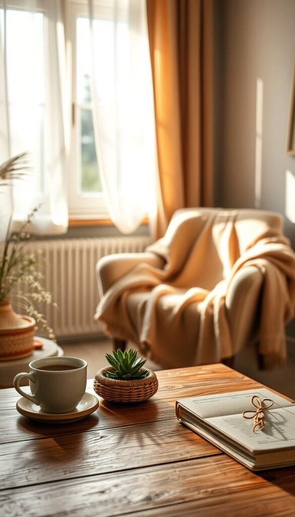 A cozy, serene scene depicting a peaceful morning ritual. In the foreground, a neatly arranged table is adorned with a steaming cup of herbal tea, a small succulent plant, and a woven journal. The middle ground features a soft, warm-toned blanket draped over a comfortable armchair, inviting you to sit and reflect. In the background, a sunlit window reveals gentle curtains fluttering in a light breeze, casting soft shadows across the room. The lighting is warm and diffused, creating a tranquil atmosphere. The overall mood evokes calmness and introspection, with earthy tones and natural textures to reinforce the theme of low-energy self-care. The image should be framed from a slightly elevated angle, capturing the inviting space in a way that inspires serenity and relaxation. A cozy, serene scene depicting a peaceful morning ritual. In the foreground, a neatly arranged table is adorned with a steaming cup of herbal tea, a small succulent plant, and a woven journal. The middle ground features a soft, warm-toned blanket draped over a comfortable armchair, inviting you to sit and reflect. In the background, a sunlit window reveals gentle curtains fluttering in a light breeze, casting soft shadows across the room. The lighting is warm and diffused, creating a tranquil atmosphere. The overall mood evokes calmness and introspection, with earthy tones and natural textures to reinforce the theme of low-energy self-care. The image should be framed from a slightly elevated angle, capturing the inviting space in a way that inspires serenity and relaxation.