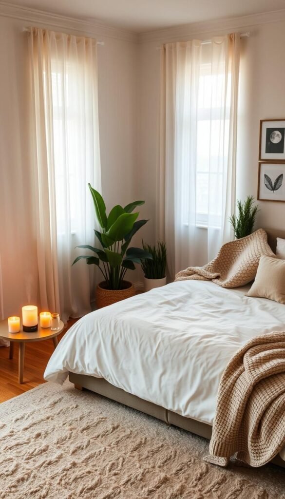 A cozy sleep-friendly bedroom, featuring a neatly made king-sized bed with soft, neutral linens and an assortment of plush pillows. The foreground includes a small bedside table with a soothing essential oil diffuser and a couple of glowing candles, casting warm, inviting light. In the middle ground, a soft area rug lies beneath the bed, complemented by a comfortable reading chair draped with a knitted throw. The background reveals softly flowing sheer curtains framing a window, allowing gentle moonlight to filter in. The room is decorated with house plants to enhance tranquility and a few framed nature prints on the walls. The overall atmosphere is calm and inviting, ideal for a peaceful wind-down routine, captured in warm, soft lighting to emphasize relaxation and comfort. A cozy sleep-friendly bedroom, featuring a neatly made king-sized bed with soft, neutral linens and an assortment of plush pillows. The foreground includes a small bedside table with a soothing essential oil diffuser and a couple of glowing candles, casting warm, inviting light. In the middle ground, a soft area rug lies beneath the bed, complemented by a comfortable reading chair draped with a knitted throw. The background reveals softly flowing sheer curtains framing a window, allowing gentle moonlight to filter in. The room is decorated with house plants to enhance tranquility and a few framed nature prints on the walls. The overall atmosphere is calm and inviting, ideal for a peaceful wind-down routine, captured in warm, soft lighting to emphasize relaxation and comfort.