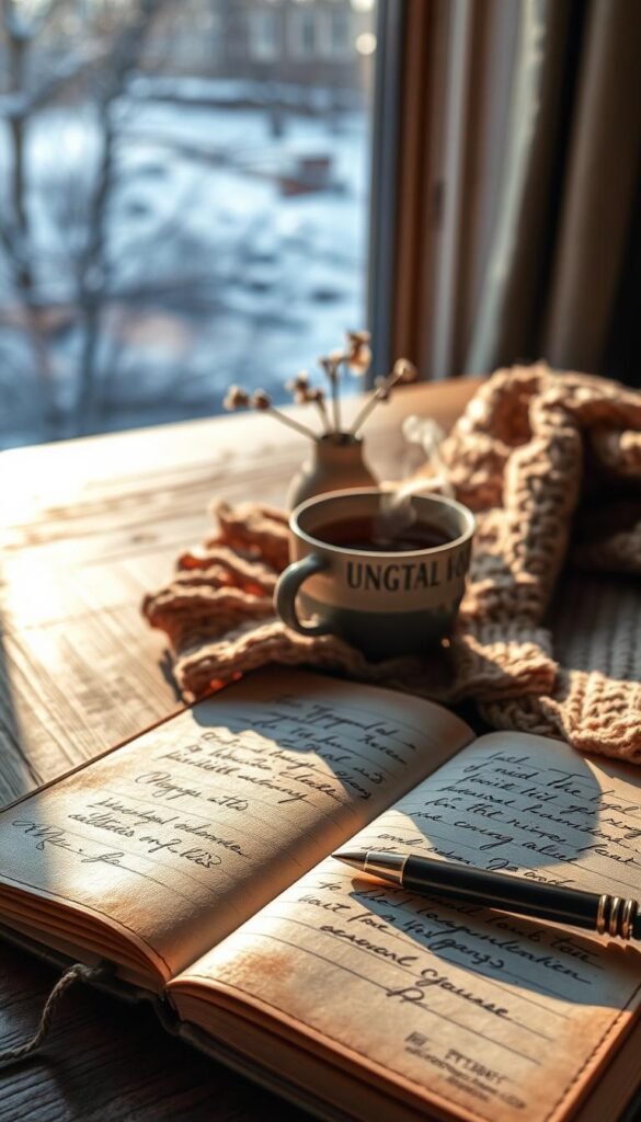 A cozy, softly lit February journal scene captures a moment of reflection. In the foreground, a beautifully textured leather-bound journal lies open, with elegant, handwritten notes visible on the pages. Beside it, a steaming cup of herbal tea rests on a wooden table, emitting gentle wisps of steam. The middle ground features a warm, knitted blanket casually draped over the table, and a few delicate winter flowers in a small vase add a touch of freshness. In the background, a softly glowing window reveals a snowy landscape outside, bathed in the gentle light of a late afternoon sun. The overall mood is serene and introspective, inviting the viewer to settle into a quiet February moment, perfect for journaling and reflection.