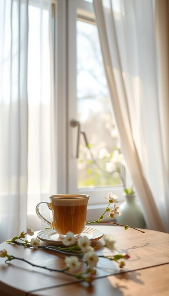 A cozy, softly lit interior scene featuring a quiet window with sheer curtains allowing soft, diffused morning sunlight to filter in. In the foreground, a warm cup of tea or coffee rests on a small wooden table, surrounded by delicate pastel-colored flowers starting to bloom, symbolizing the first signs of spring. In the middle ground, a hint of greenery is visible through the window, with blossoming trees and gentle sunlight illuminating the fresh leaves. The atmosphere is tranquil and serene, evoking warmth and the freshness of a new season. The scene is captured with a shallow depth of field to emphasize the cup and flowers, creating a calm and inviting spring ambiance.