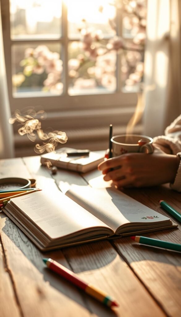 A cozy spring journaling ritual scene set on a sunlit wooden table. In the foreground, an open journal with floral-patterned pages is surrounded by colorful pens and a steaming cup of herbal tea, casting delicate steam spirals into the air. The middle features a gentle hand writing in the journal, adorned in light, modest casual attire, creating a sense of calm. In the background, a window reveals blossoming cherry trees in soft pastel hues, with golden sunlight streaming in, illuminating the space. Soft bokeh adds to the warm atmosphere, suggesting a serene and reflective mood. Use natural lighting and a close-up angle to enhance the sense of intimacy and peacefulness in this springtime ritual.