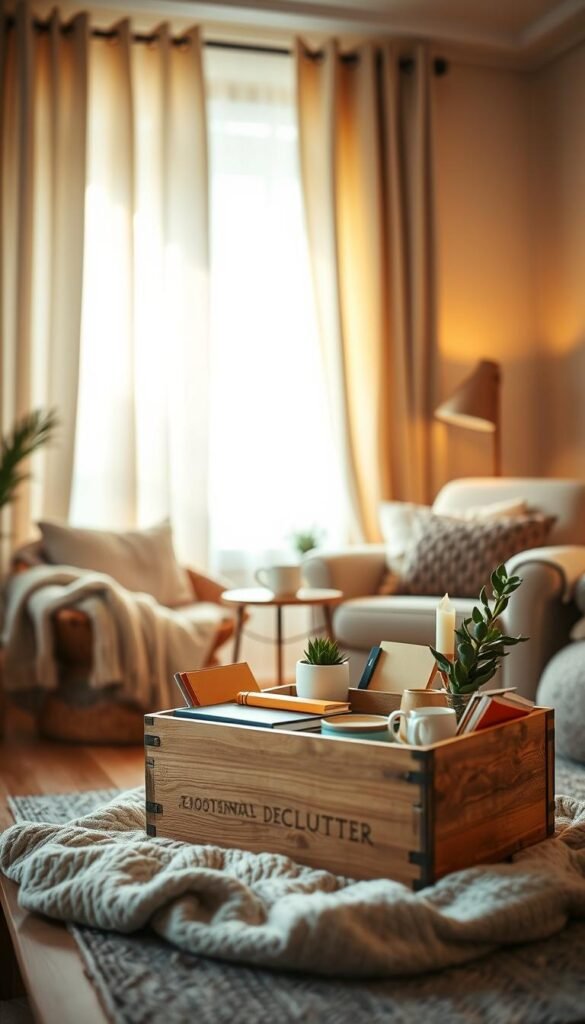A cozy, warm-toned room featuring a neatly placed wooden box in the foreground, partially open to reveal colorful, neatly organized items like journals, plants, and decorative candles symbolizing emotional declutter. In the middle, a comfortable armchair with knitted throws, soft pillows, and a small side table holding a steaming mug add to the inviting atmosphere. The background showcases a softly lit window with sheer curtains allowing gentle sunlight to stream in, illuminating the space with a peaceful glow. The overall mood is calm and serene, ideal for reflection and organization. Focus on natural textures with a shallow depth of field to emphasize the box while keeping the rest of the room softly blurred, creating an intimate and inviting scene.