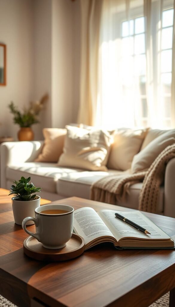 A cozy, warmly-lit living room with soft, neutral tones that evoke a sense of tranquility. In the foreground, a neatly arranged coffee table with a steaming cup of herbal tea, a small potted plant, and an open journal with a pen, inviting contemplation. In the middle, a plush sofa adorned with gentle cushions and a knitted throw, suggesting comfort and relaxation. In the background, a window with sheer curtains softly filtering natural sunlight, casting gentle shadows across the space. The atmosphere is serene and inviting, reflecting a nurturing environment where one can pause, reflect, and embrace emotional declutter, embodying an essence of heart and home harmony. The image captures a warm, inviting ambiance with a focal point on the tranquility and emotional balance of the setting.