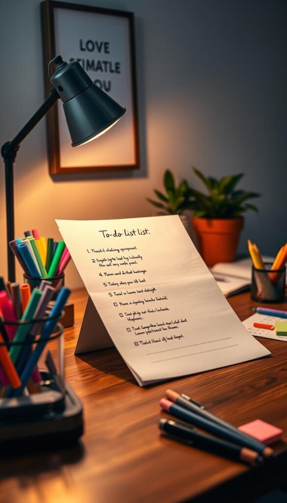 A cozy workspace featuring a neatly organized wooden desk, adorned with a classic paper to-do list filled with clear, bullet-point tasks. The list is partially visible, illuminated by warm, soft lighting from a nearby desk lamp. Surrounding the desk are colorful stationery items, including pens and sticky notes, radiating a creative atmosphere. In the background, an inspirational wall with minimalistic art enhances the calming vibe. A potted plant adds a touch of greenery, representing growth and productivity. The entire scene is captured at a slight angle to emphasize the details on the desk, creating an inviting and serene workspace ambiance that encourages soft planning and focused task management.