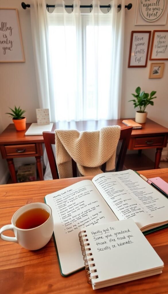 A cozy workspace scene for "Monthly Gentle Goals," featuring a beautifully arranged wooden desk with an open planner displaying handwritten goals and task lists. In the foreground, a warm cup of herbal tea sits next to a small potted plant, and a soft knit blanket is draped over the chair. The middle ground includes a soft light filtering through a window adorned with sheer curtains, illuminating a notepad with doodles and gentle reminders. The background showcases a calming pastel color palette, with wall art that inspires mindfulness and self-care. Use soft, diffused lighting to create an inviting atmosphere, with a shallow depth of field focusing on the planner and tea cup for a sense of intimacy and encouragement.